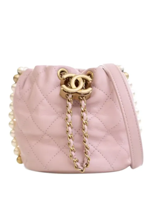 CHANEL Pre-Owned 2021 Mini Quilted Calfskin About Pearls Drawstring bucket bag