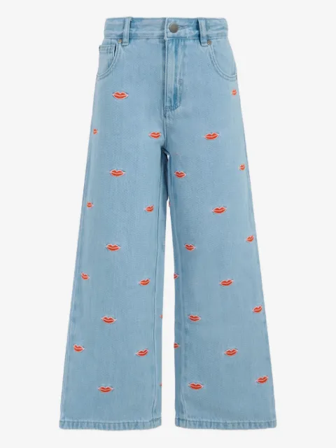 Stella McCartney Kids lip-embroidered wide-leg jeans