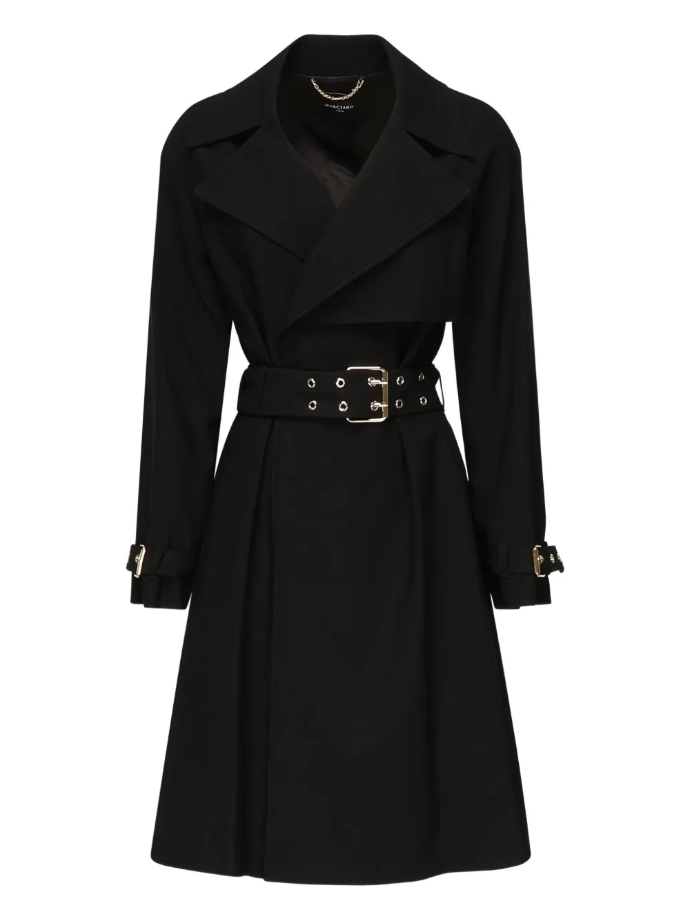 belted chain-trimmed trench coat