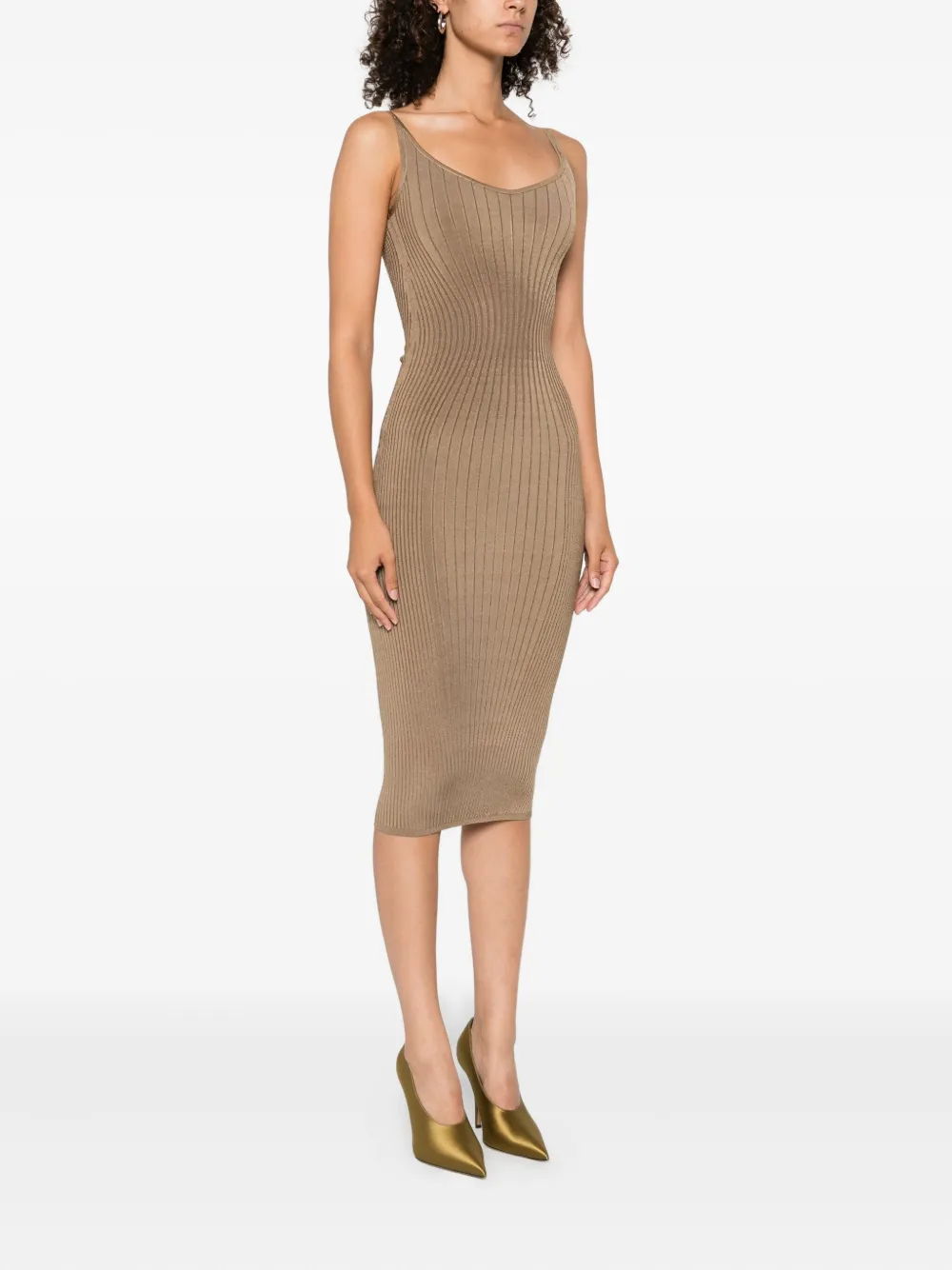 Mugler Geribbelde jurk met spaghettibandjes Beige