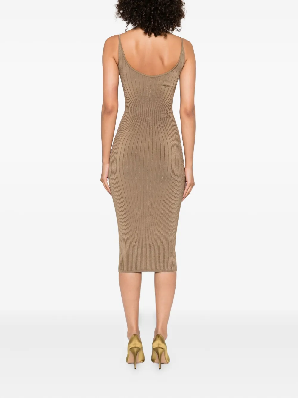 Mugler Geribbelde jurk met spaghettibandjes Beige