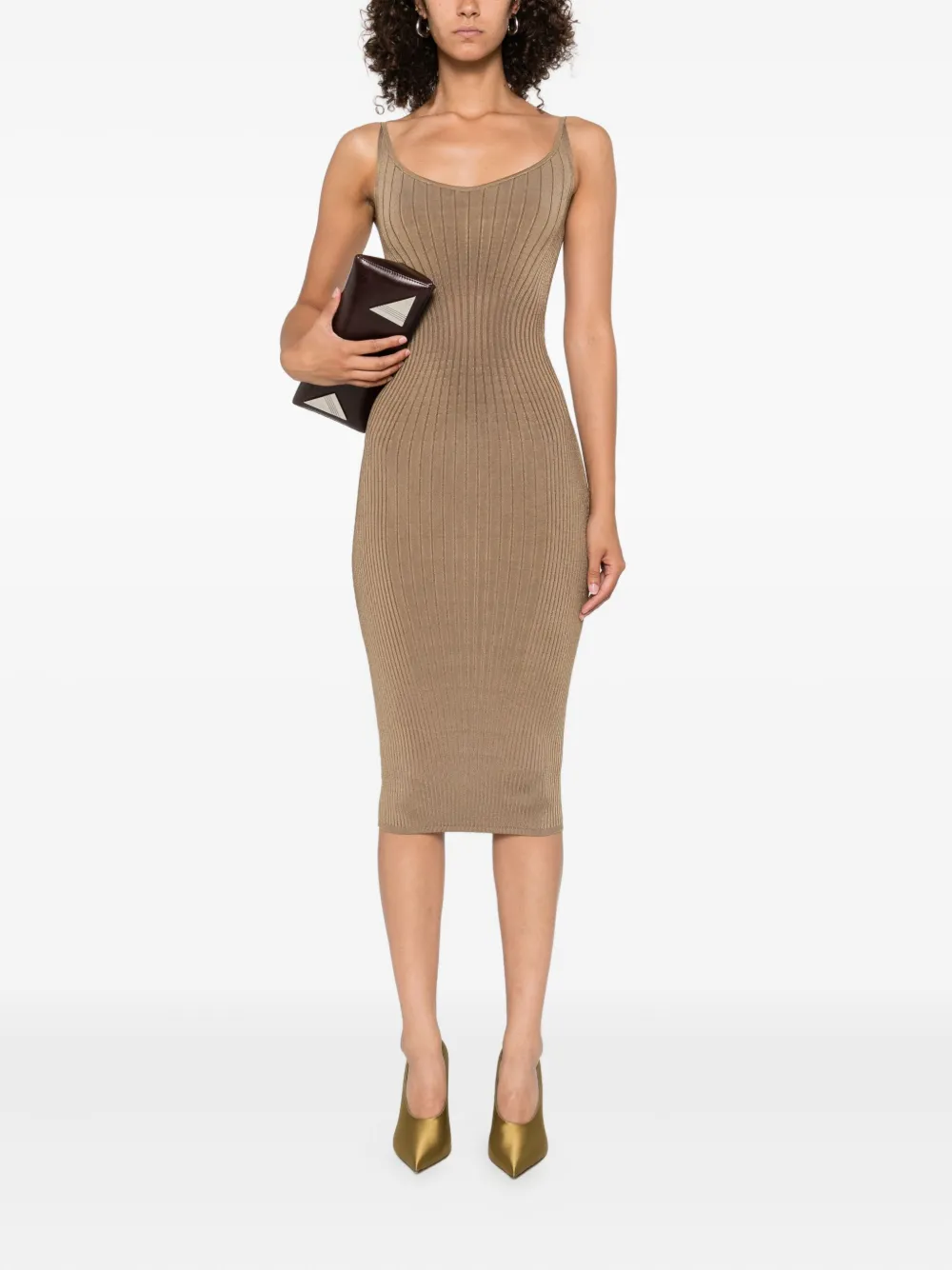 Mugler Geribbelde jurk met spaghettibandjes Beige