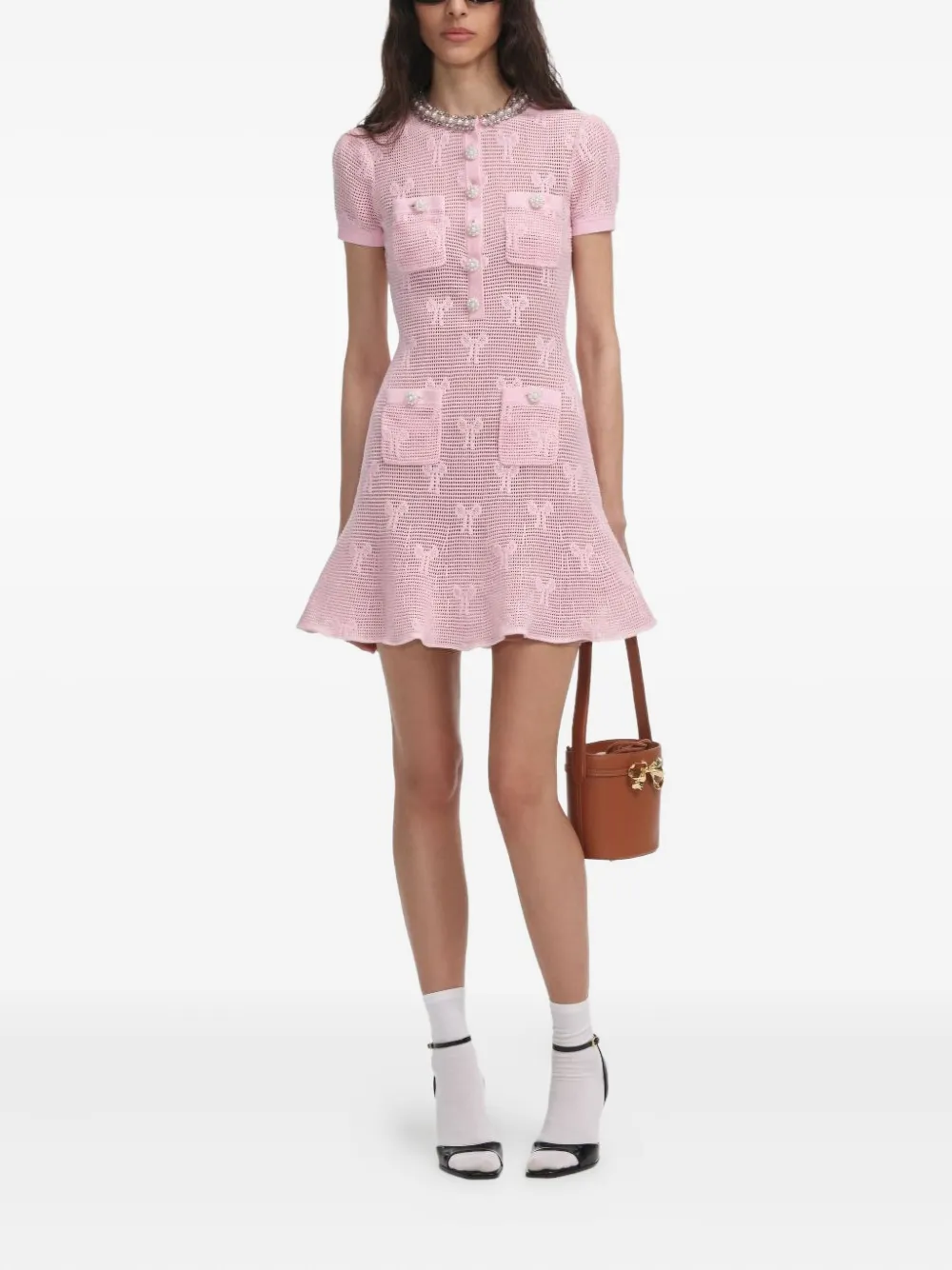 Self-Portrait bow-pattern pearl-embellished dress - Roze