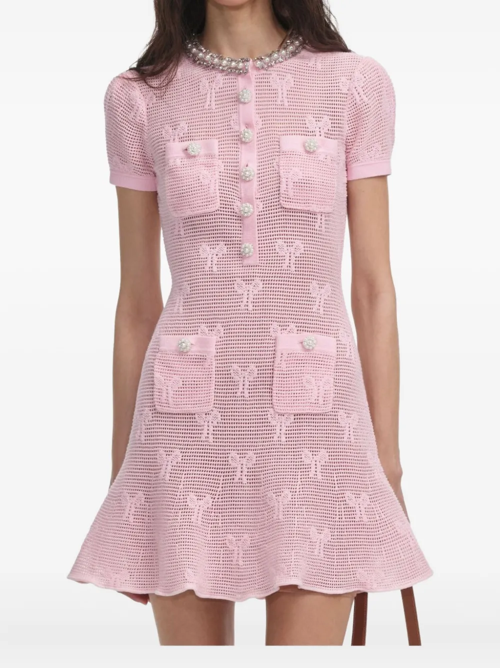 Self-Portrait bow-pattern pearl-embellished dress | Pink | Image 1