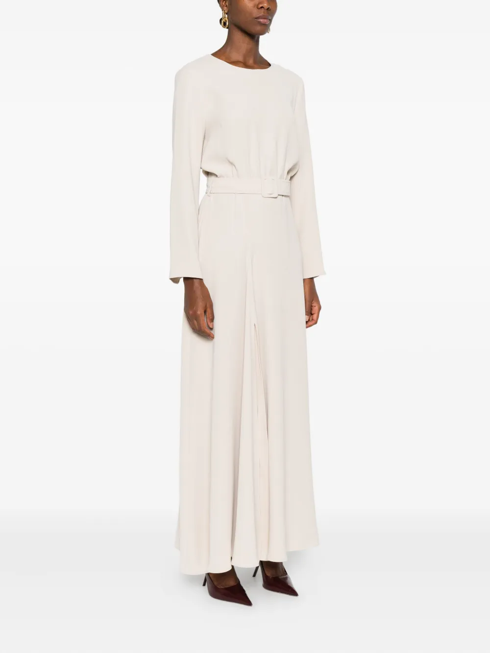 P.A.R.O.S.H. Jurk met keyhole hals en ceintuur Beige