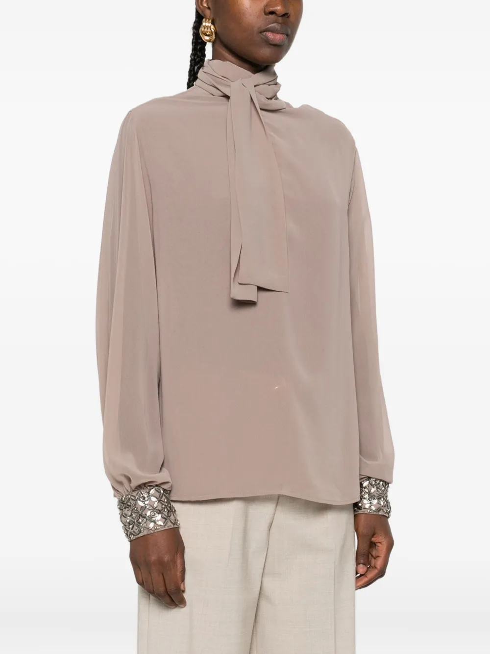 P.A.R.O.S.H. Blouse met verfraaide manchetten en strikhals Bruin