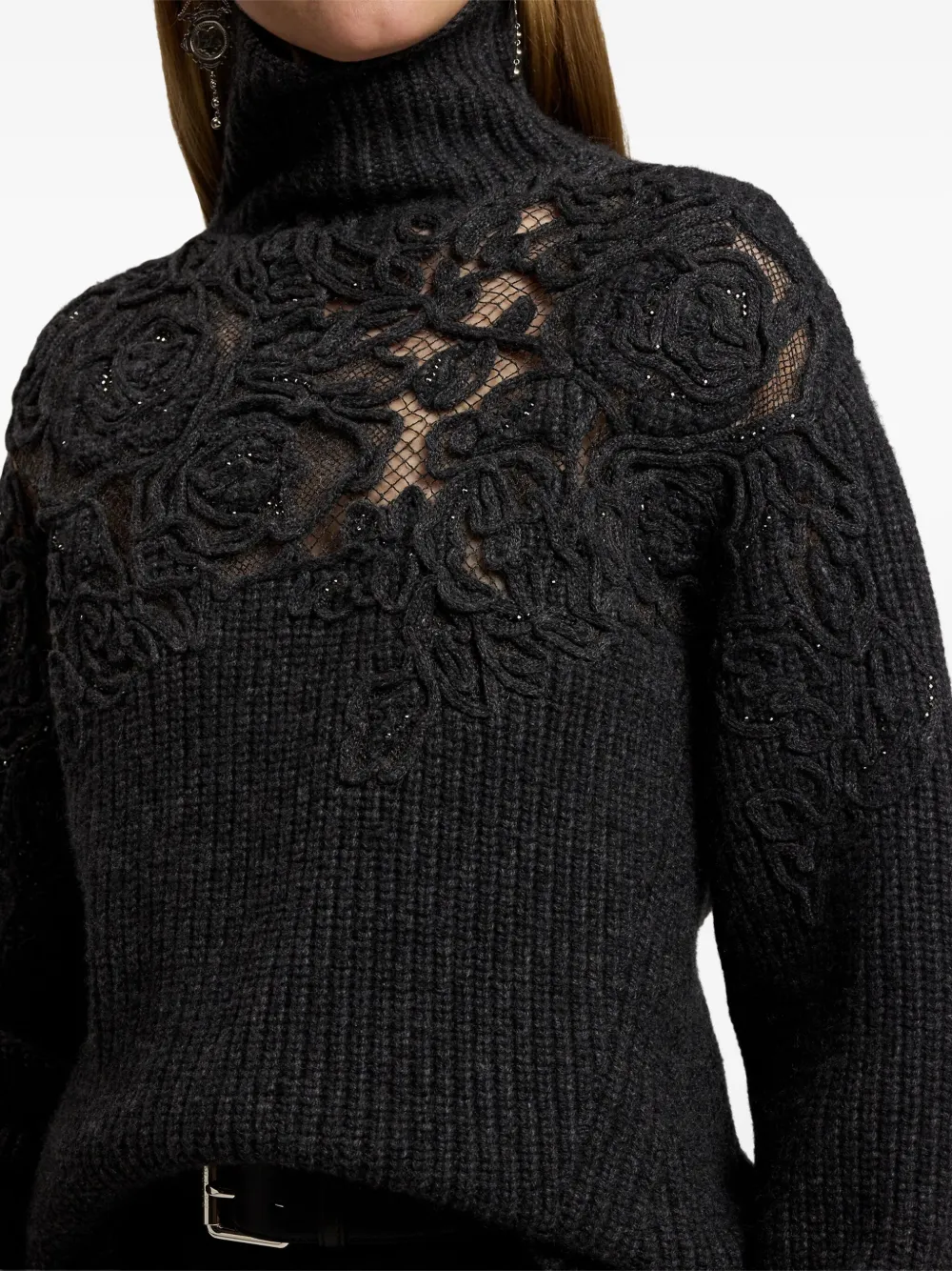 Ralph Lauren Turtleneck Rose Inset Cashmere Rib Sweater In Black