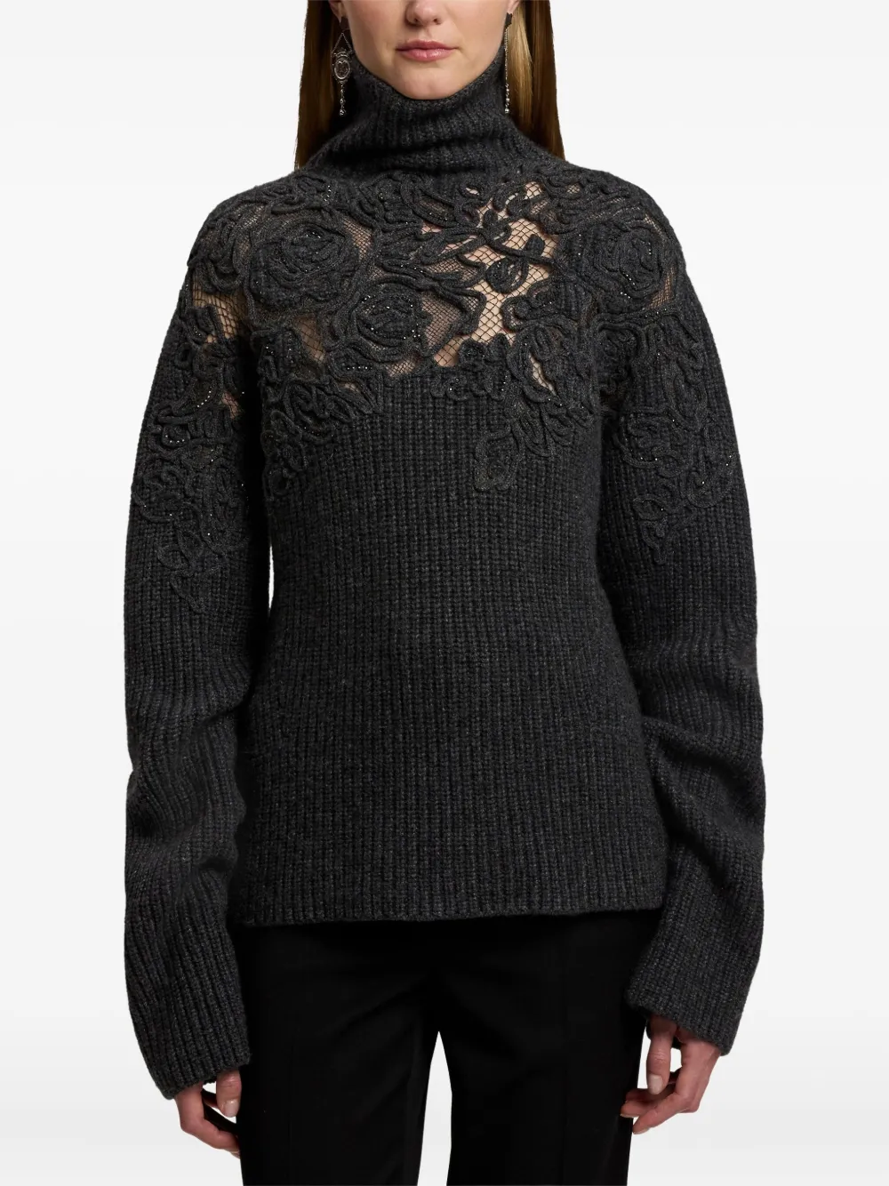 Ralph Lauren Turtleneck Rose Inset Cashmere Rib Sweater In Black