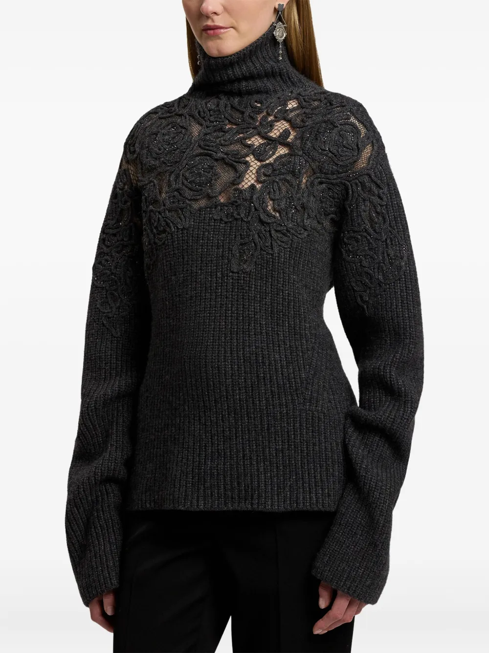 Ralph Lauren Turtleneck Rose Inset Cashmere Rib Sweater In Black