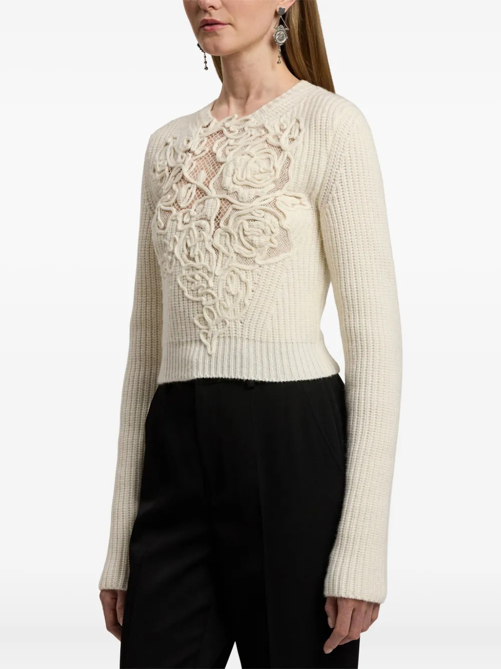 Ralph Lauren Collection Geribbelde trui met geborduurde roos Beige