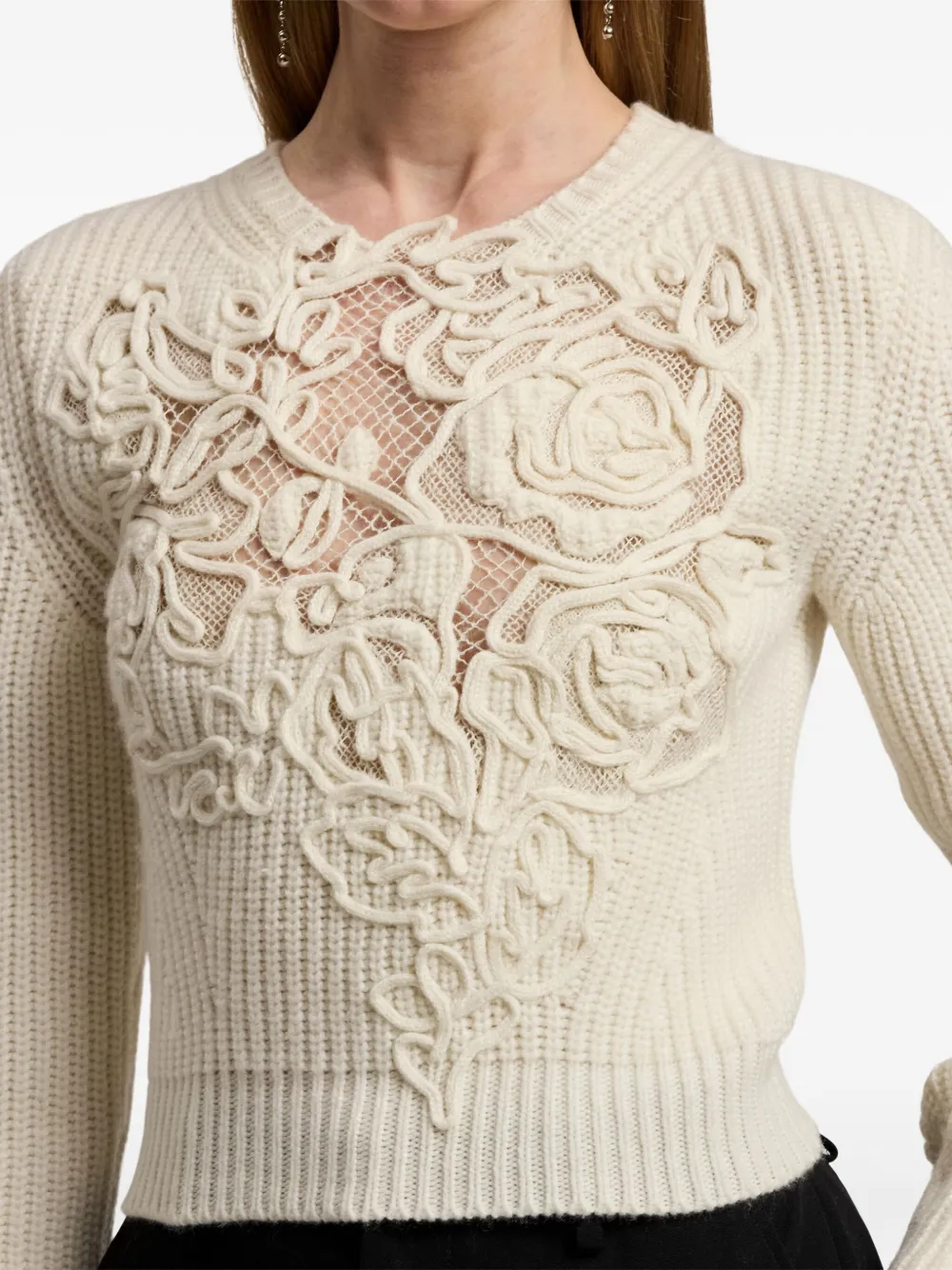 Ralph Lauren Collection Geribbelde trui met geborduurde roos Beige