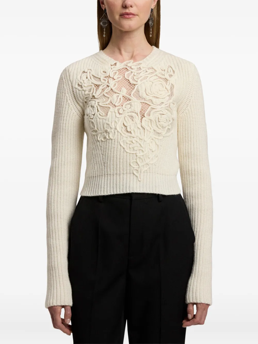 Ralph Lauren Collection Geribbelde trui met geborduurde roos Beige