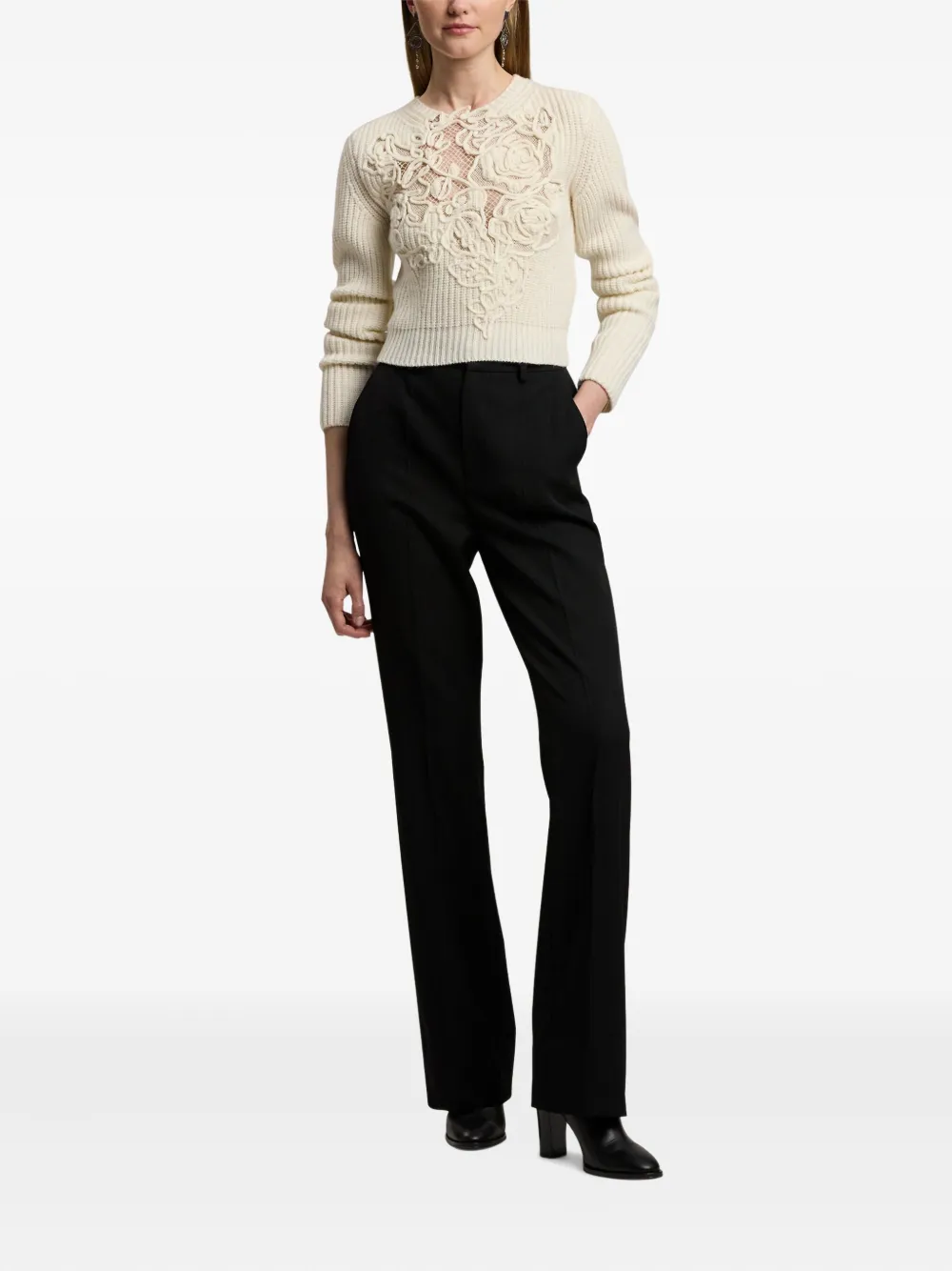 Ralph Lauren Collection Geribbelde trui met geborduurde roos Beige