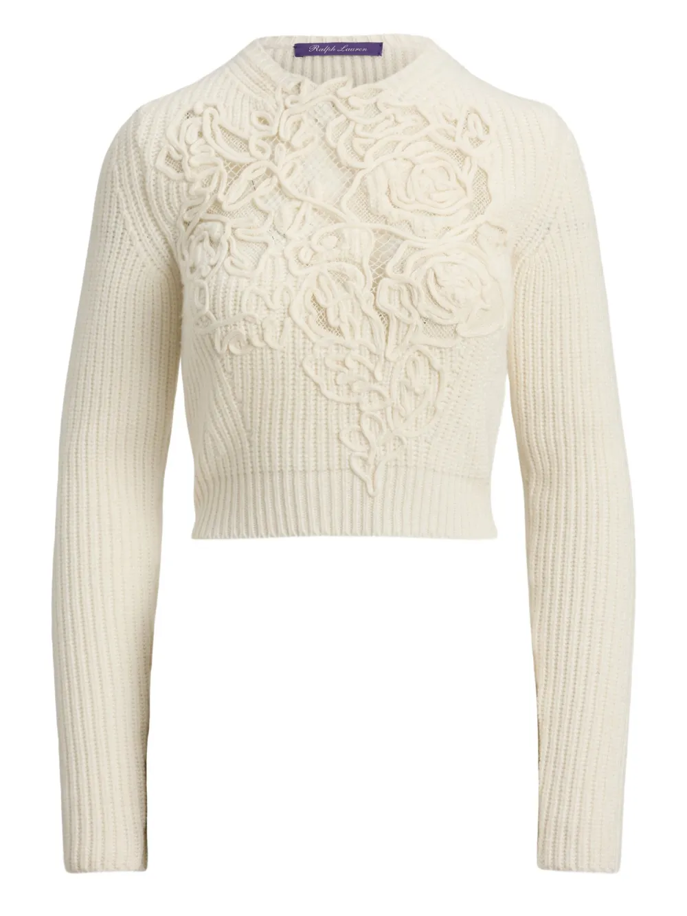 Ralph Lauren Rose-embroidery Ribbed Sweater In Neutral