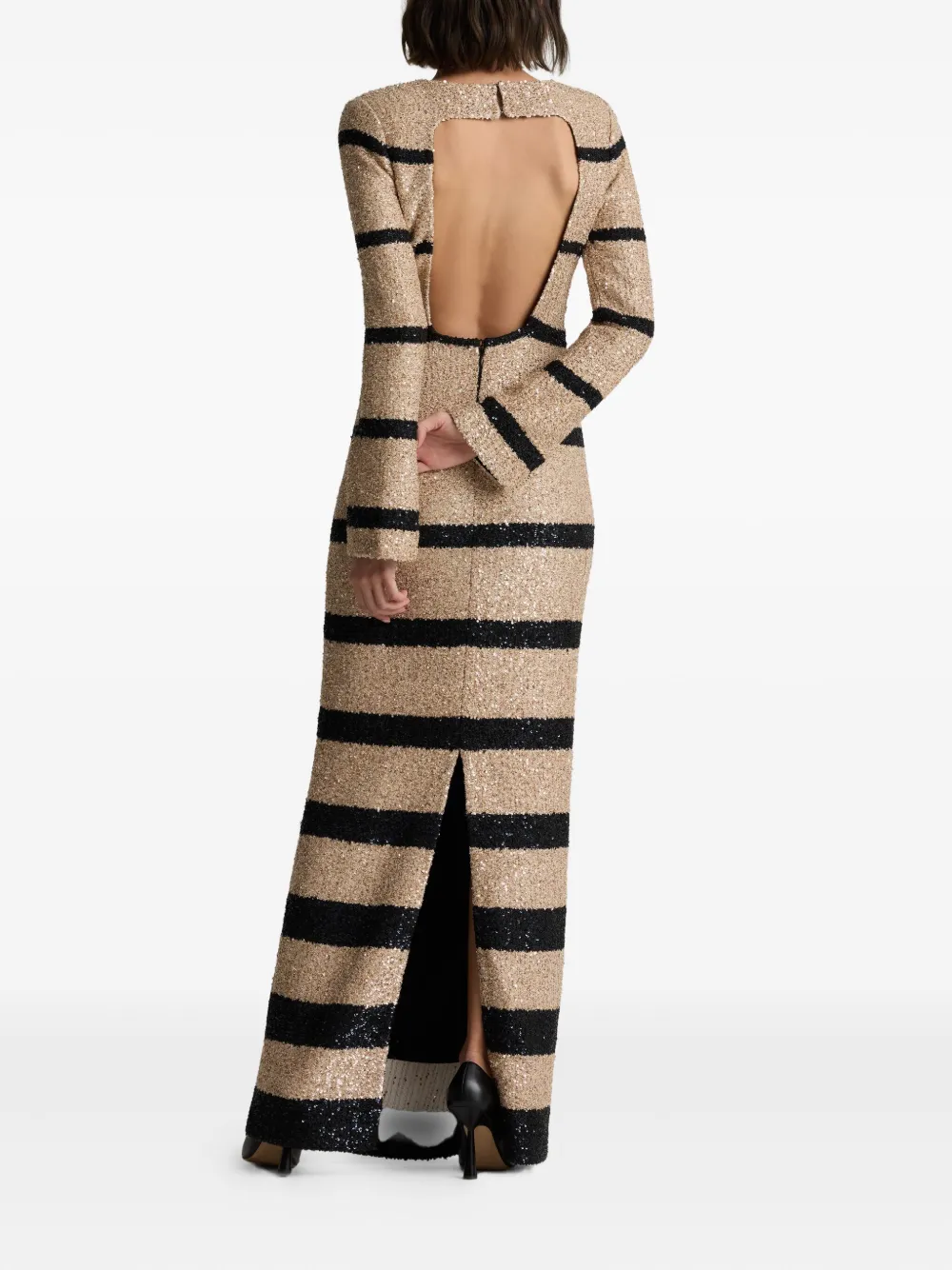 St. John Gestreepte maxi-feestjurk met pailletten Beige