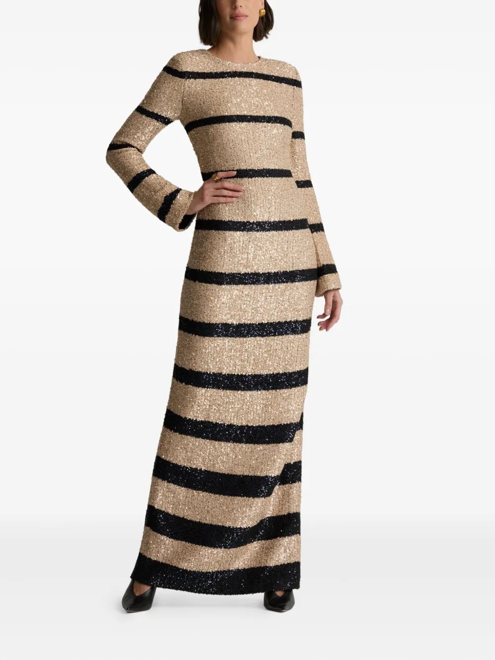 St. John Gestreepte maxi-feestjurk met pailletten Beige