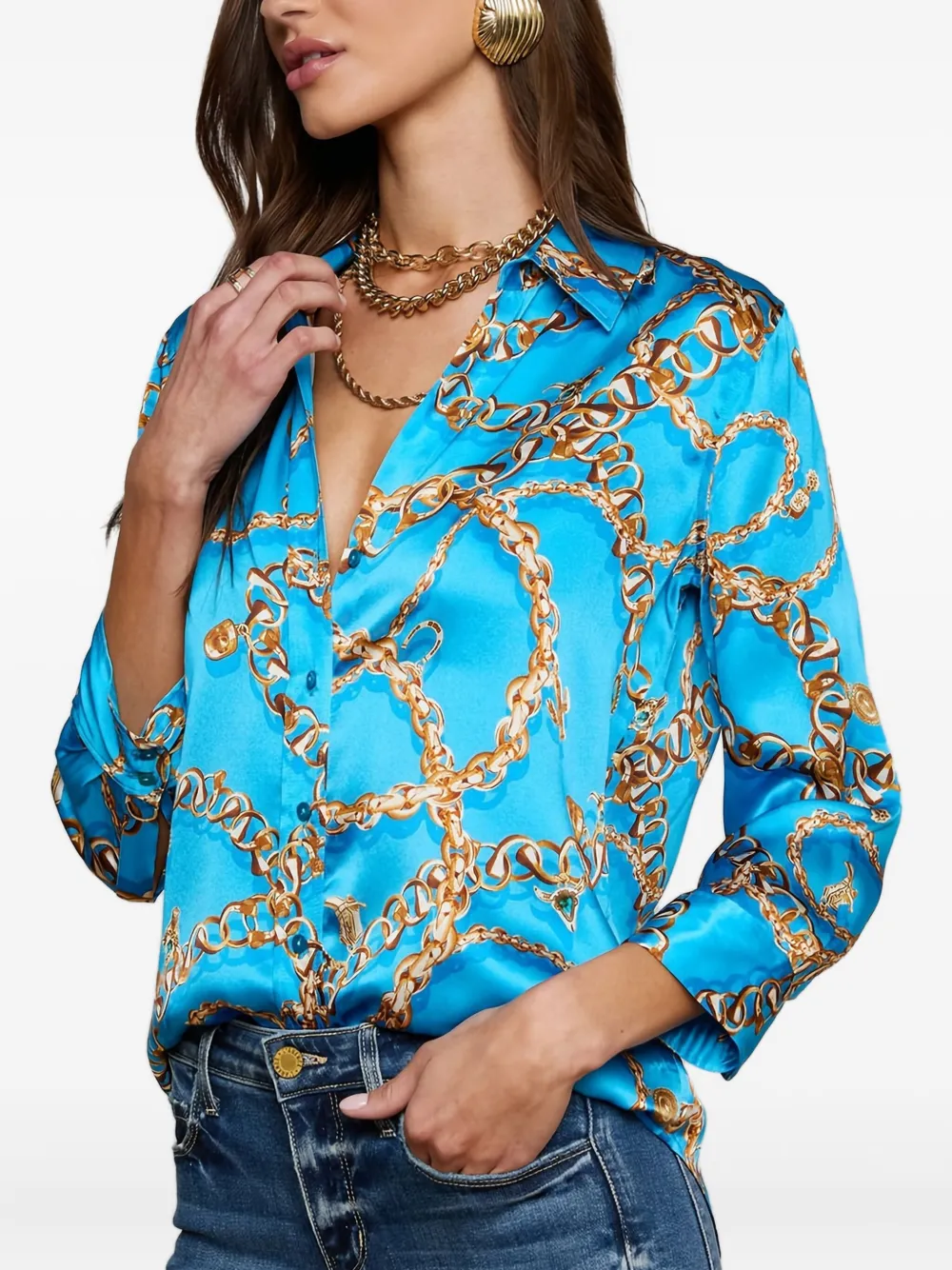 L'agence Chain-print Three-quarter Sleeve Shirt In Black