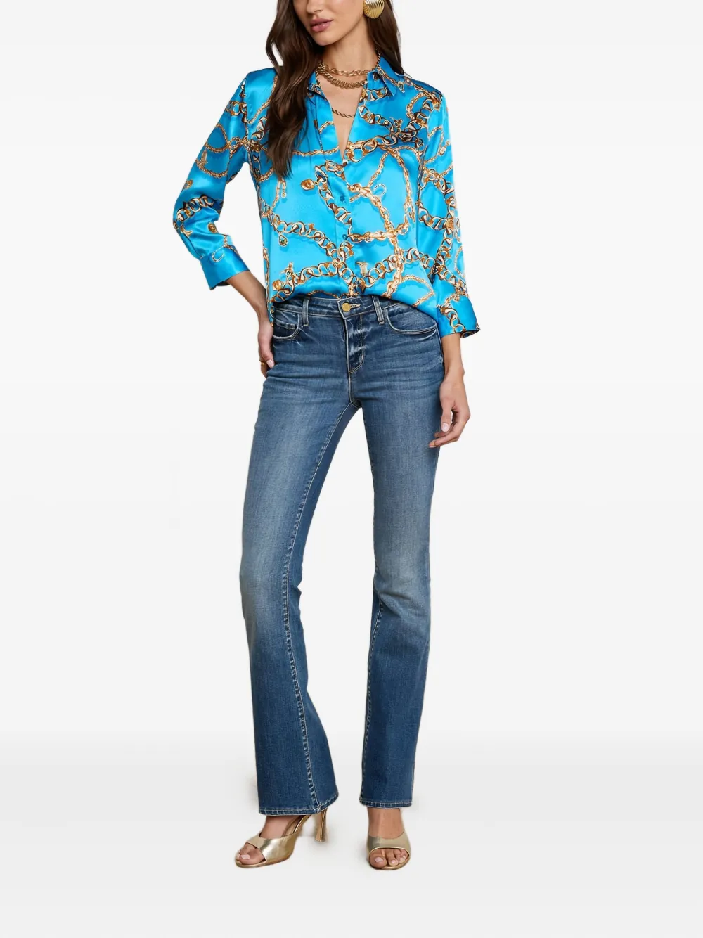 L'Agence Blouse met kettingprint en cropped mouwen - Blauw