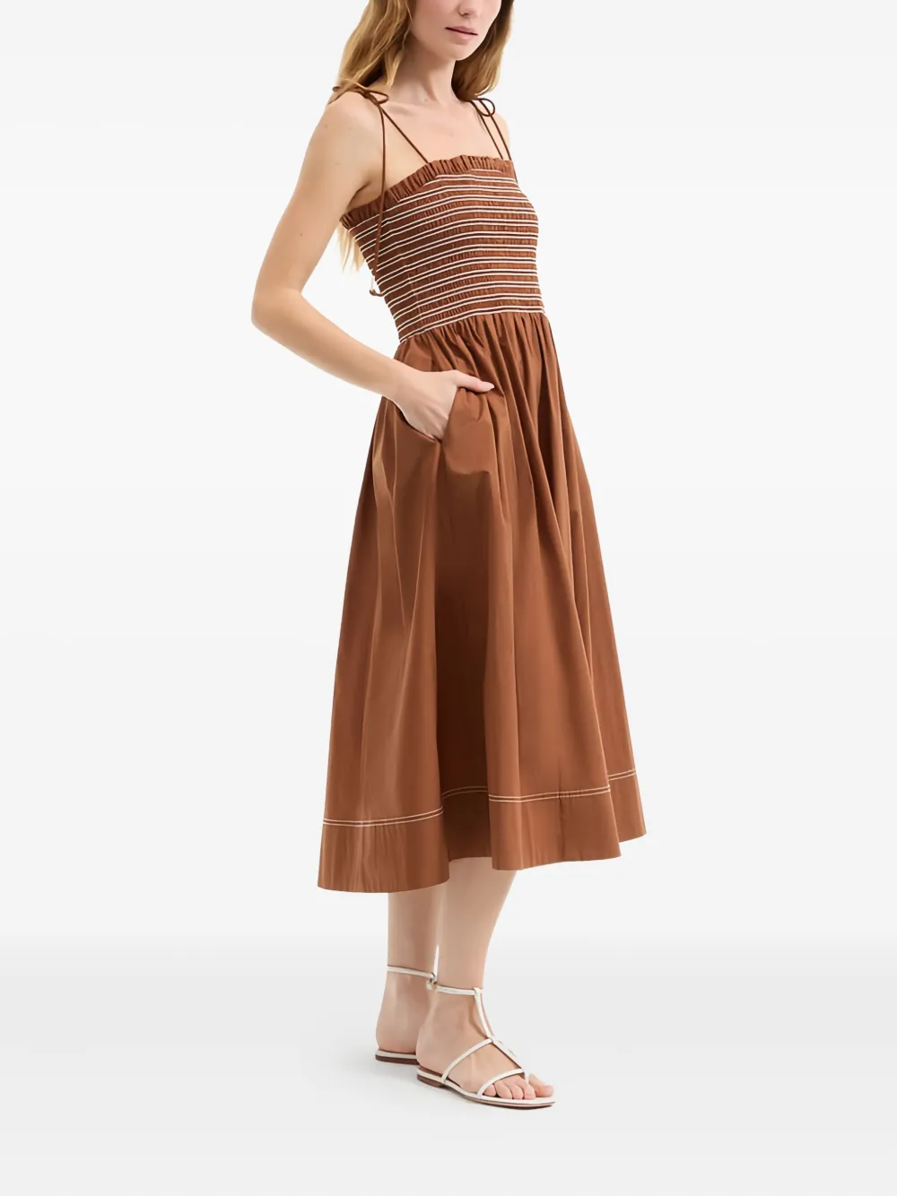 Veronica Beard Kaela Smocked Tie Strap Midi Dress In Multi