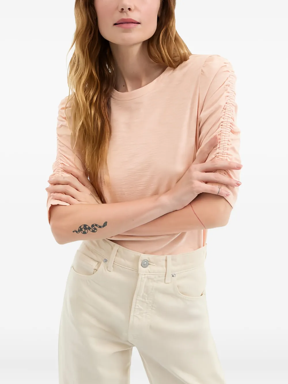 Veronica Beard Waldorf Ruched-sleeve Slub T-shirt In Soft Coral In Nude