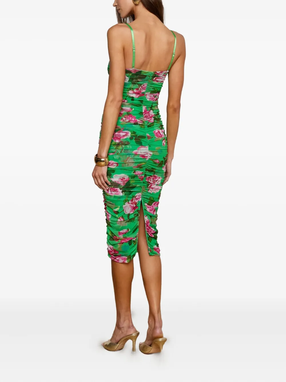 L Agence Caprice Rose-print Ruched Midi Dress In Green