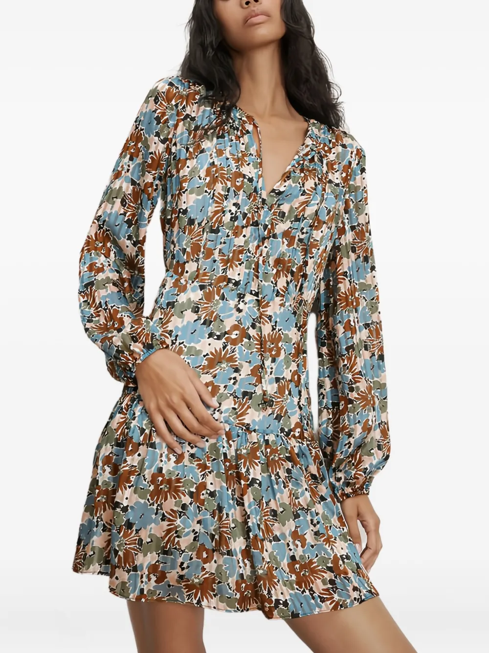 Veronica Beard Nyjah Floral Pintuck Long Sleeve Silk Minidress In Multi