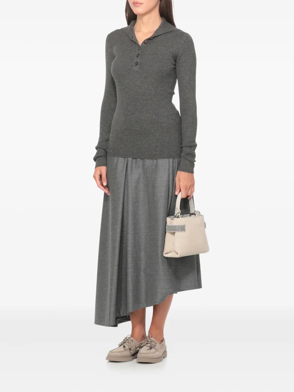 Brunello Cucinelli Asymmetrische midi-rok met gesmockte details - Grijs