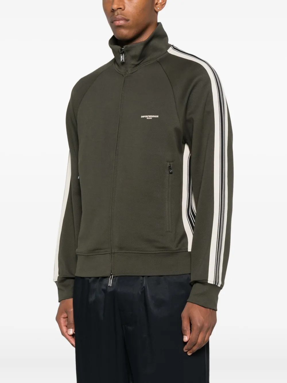 Emporio Armani stripe-detail zip-up sweater Groen