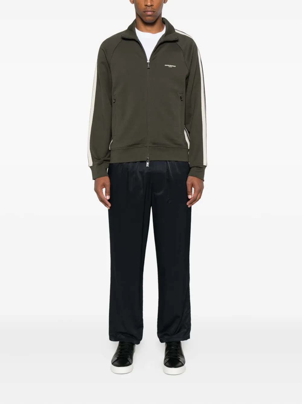 Emporio Armani stripe-detail zip-up sweater Groen