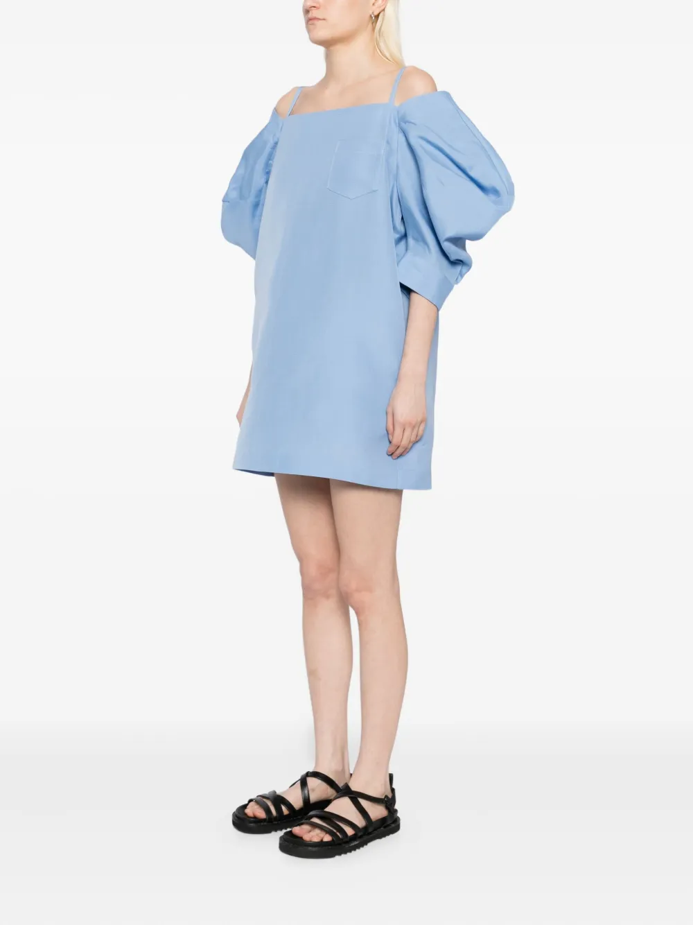 sacai double-faced puff-sleeves dress Blauw