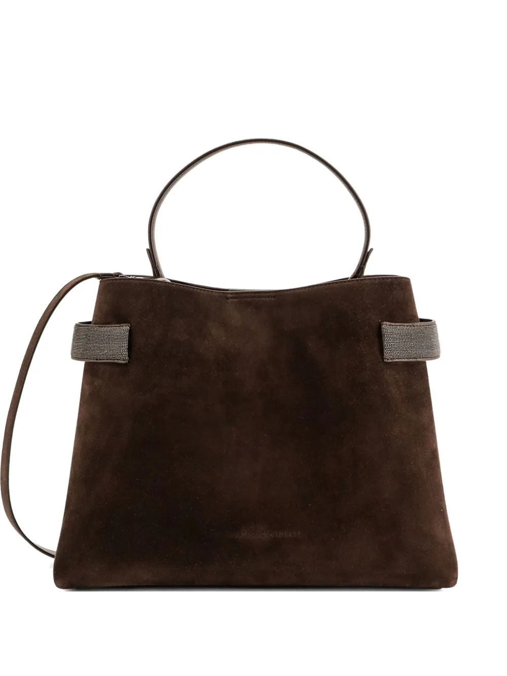 Brunello Cucinelli Essence suède schoudertas met kralen Bruin