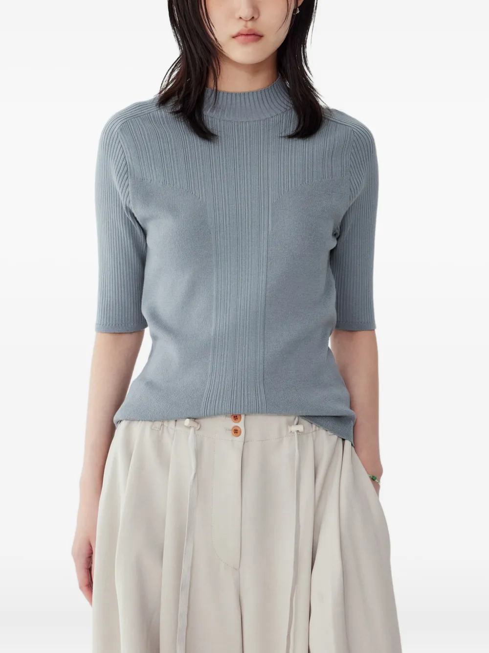 Studio Tomboy Mock-neck Ribbed T-shirt In Gray