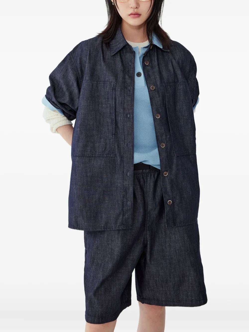 Studio Tomboy Patch-pockets Short-sleeve Denim Shirt In Blue