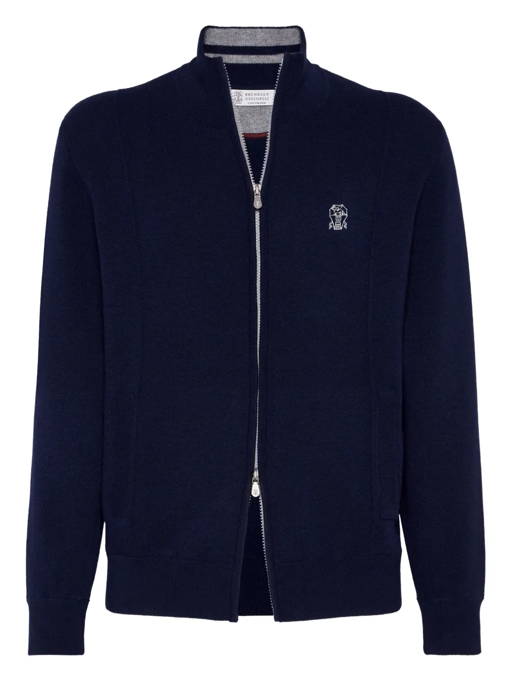 Brunello Cucinelli zip-front embroidered-logo cardigan Blauw