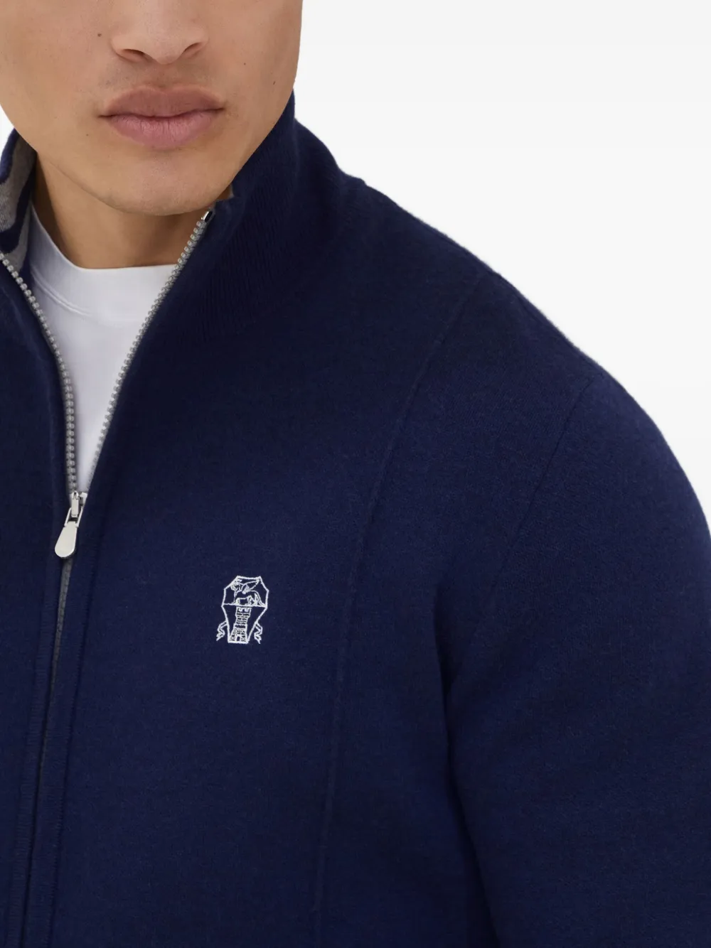 Brunello Cucinelli zip-front embroidered-logo cardigan Blauw