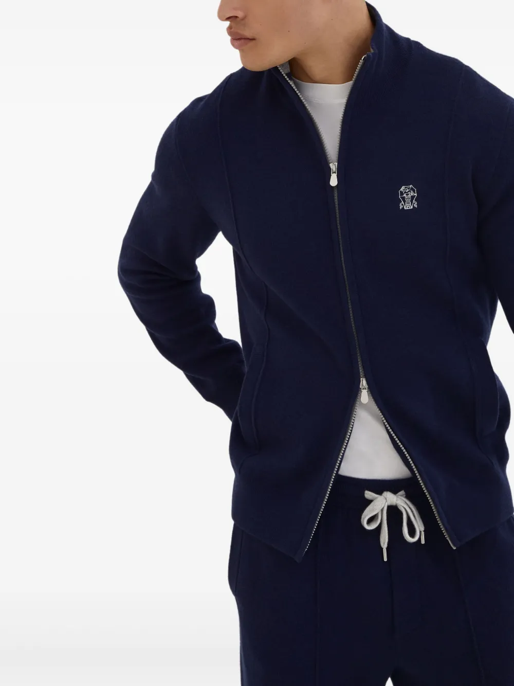 Brunello Cucinelli zip-front embroidered-logo cardigan Blauw