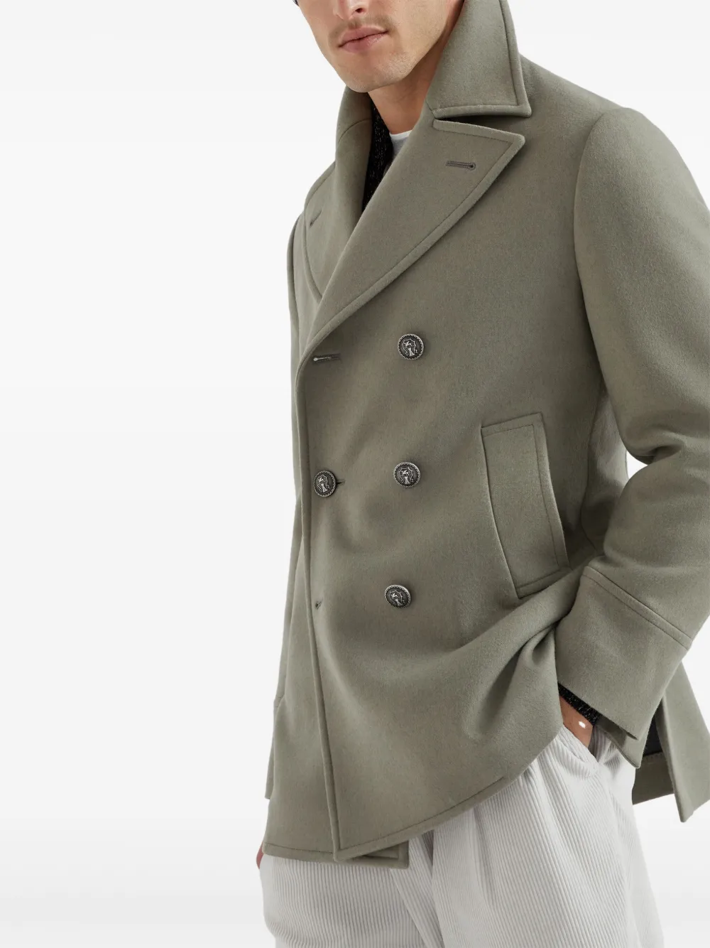 Brunello Cucinelli Wollen jas met dubbele rij knopen Groen