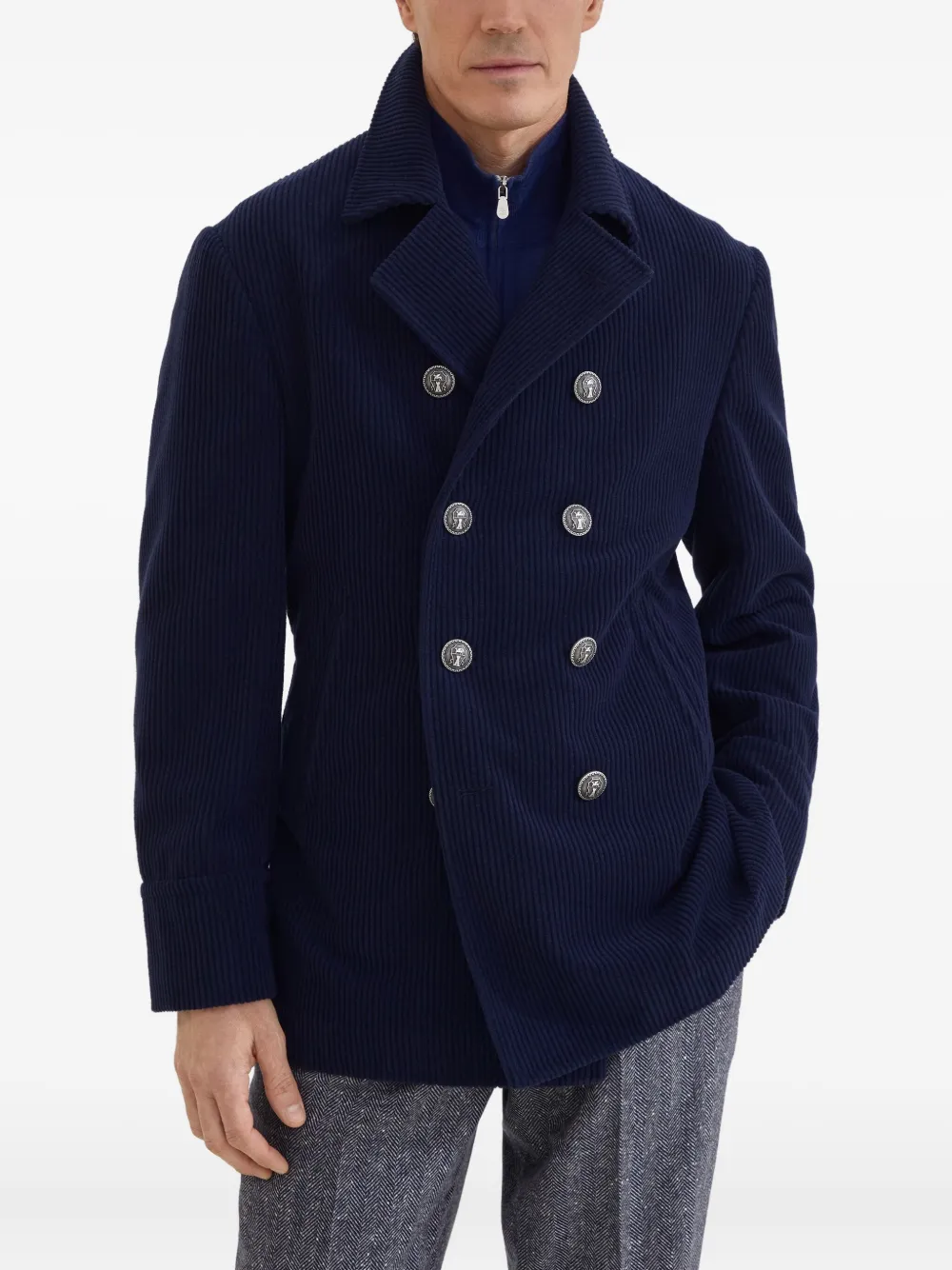 Brunello Cucinelli Ribfluwelen jack met dubbele rij knopen Blauw