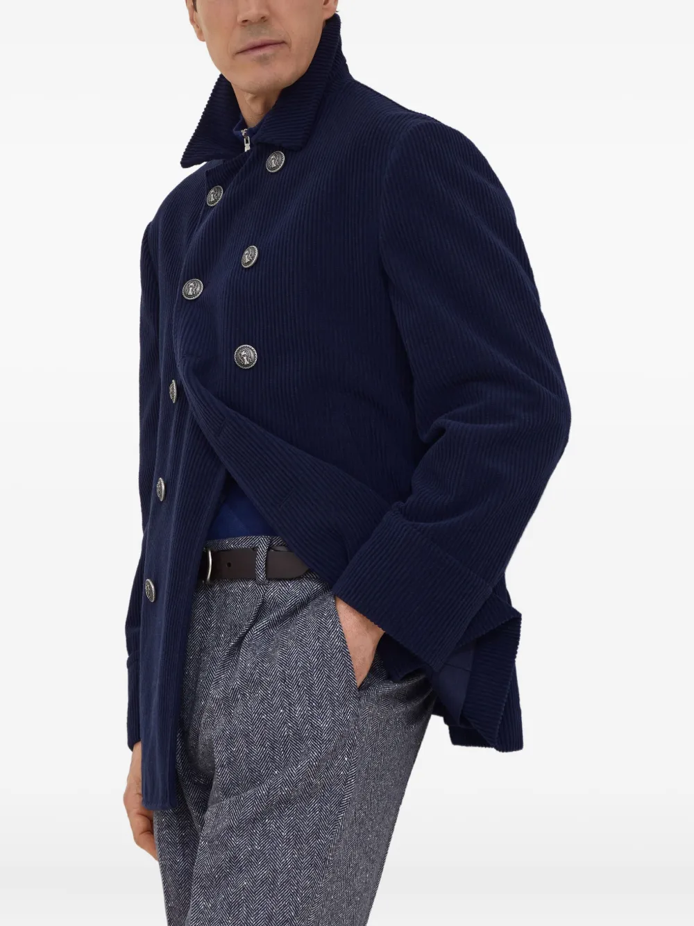 Brunello Cucinelli Ribfluwelen jack met dubbele rij knopen Blauw
