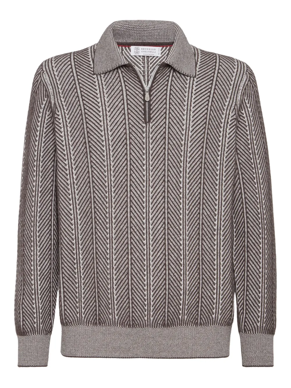 Brunello Cucinelli Poloshirt met visgraatpatroon en rits Bruin