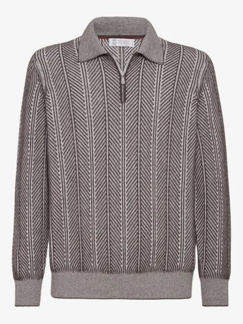 Brunello Cucinelli herringbone-pattern zipped polo shirt