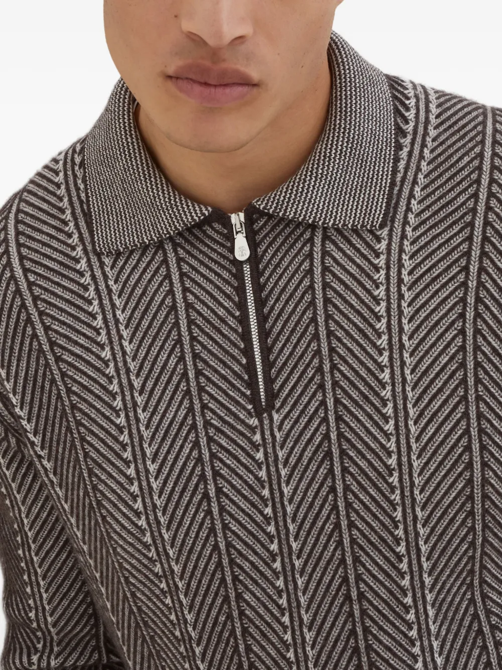 Brunello Cucinelli Poloshirt met visgraatpatroon en rits Bruin