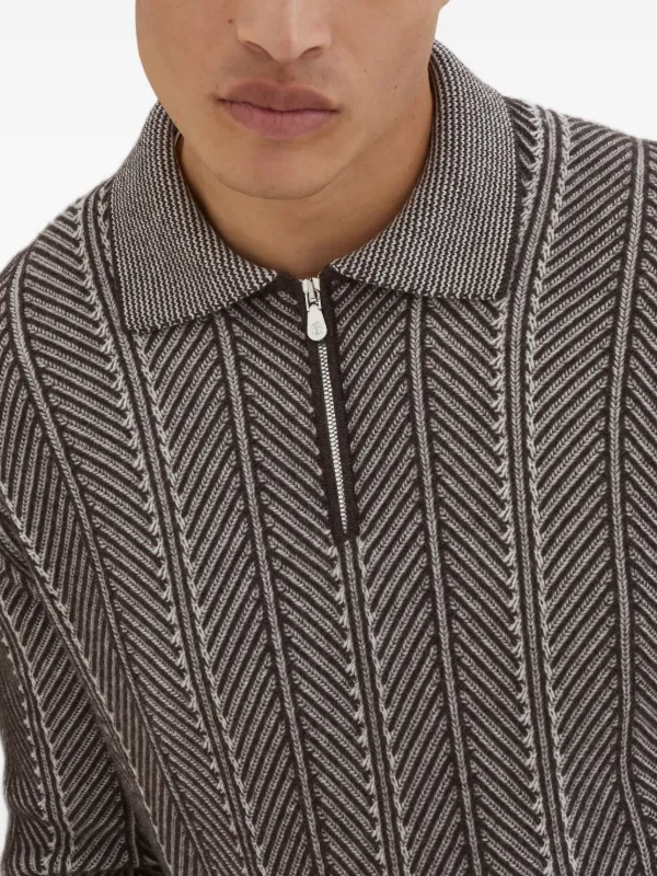 Brunello Cucinelli ヘリンボーン ジップポロシャツ | ブラウン