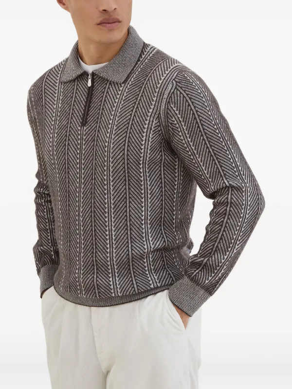 BRUNELLO CUCINELLI ハーフジップ　コットン　長袖　ポロシャツ Brunello Cucinelli ヘリンボーン ジップポロシャツ | ブラウン