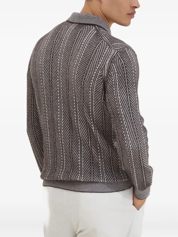 BRUNELLO CUCINELLI ハーフジップ　コットン　長袖　ポロシャツ Brunello Cucinelli ヘリンボーン ジップポロシャツ | ブラウン