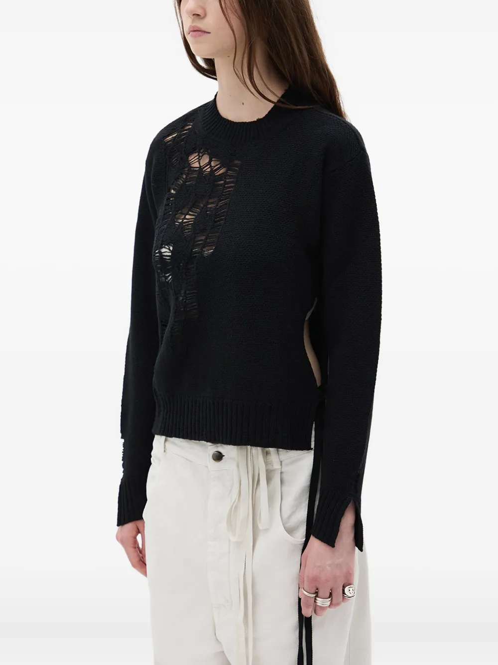  Ann Demeulemeester Side-tie Distressed Wool Sweater - Black 