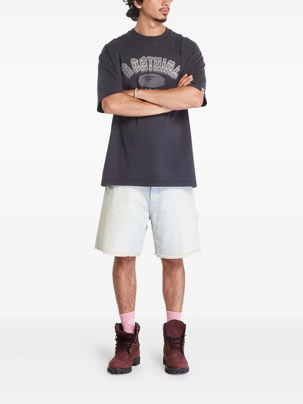 A BATHING APE Garment Dye T-shirt met logo en stras Grijs