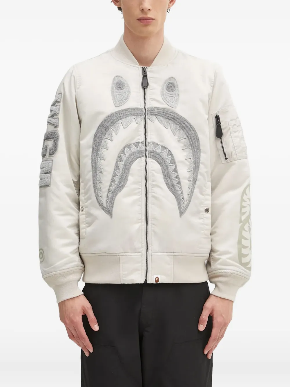 A BATHING APE shark-embroidered bomber jacket Grijs