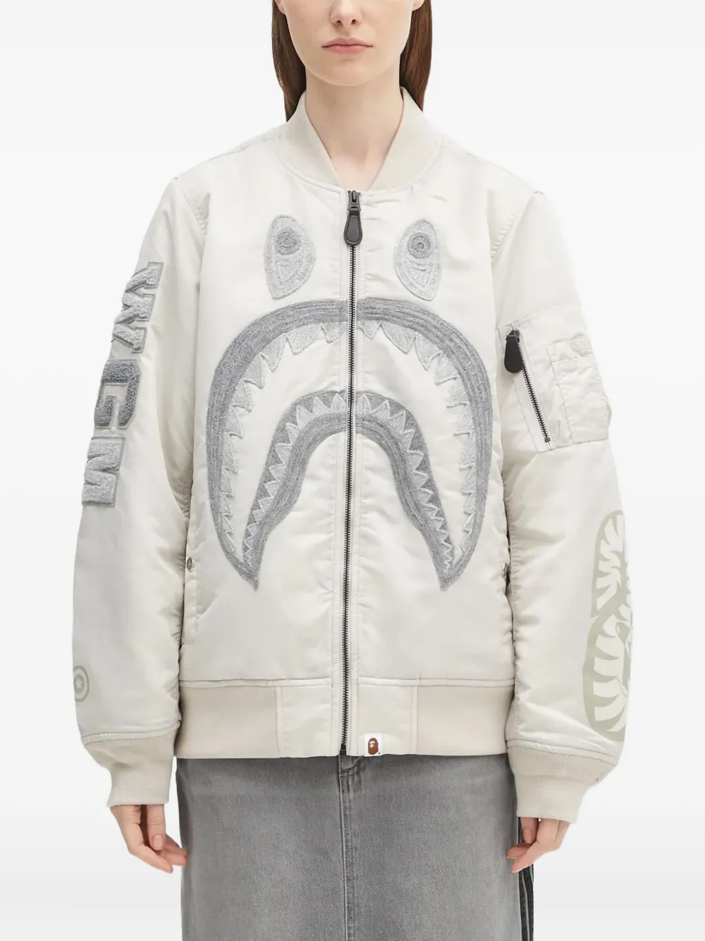 A BATHING APE shark-embroidered bomber jacket Grijs