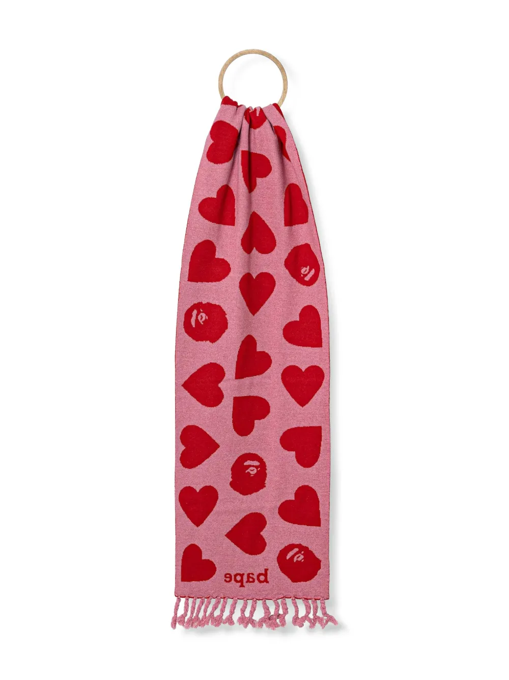 A BATHING APE heart-pattern fringed scarf Rood